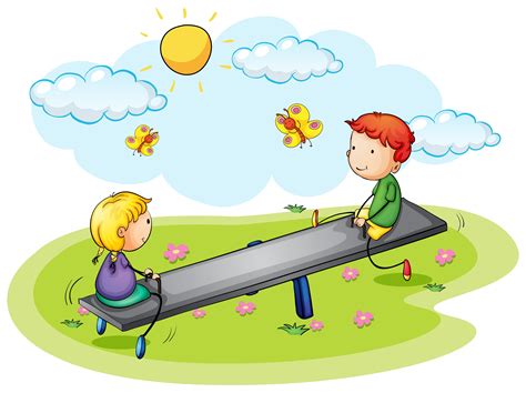 Two Kids Playing On Seesaw In The Park 447362 Vector Art At Vecteezy