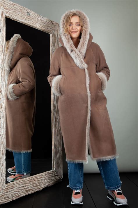 Fur Lined Hooded Beige Toscana Sheepskin Coat Handmade By Nordfur