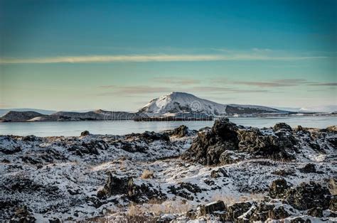 Iceland Christmas Landscape Mountains Sunlight Water Frozen Refl Stock
