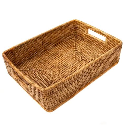 Rattan Rectangular Basket With Rounded Corners And Cutout Handles In