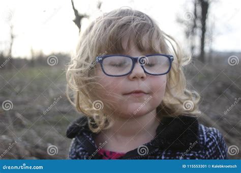 Young Nerdy Girl With Glasses Aged 3 5 Blonde Hair Blue Eyes Preschooler Portraits Stock