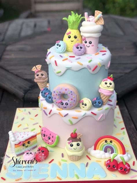 Cute Kawaii Character Birthday Celebration Cake Rainbiw Ice Cream Cake Slice Donut
