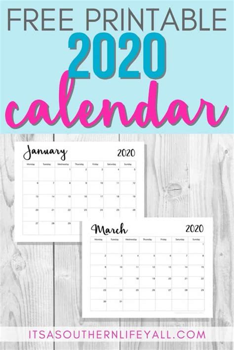 Quickly print a blank yearly 2020 calendar for your fridge, desk, planner or wall using one of our pdfs or images. Free Printable 2020 Calendar - It's a Southern Life Y'all