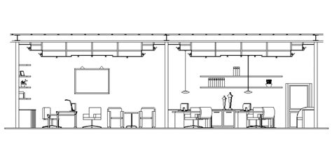 Office Cabin Proposed Section With Interior And Furniture Details Dwg