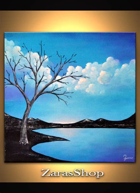 Abstract Tree Painting Blue Landscape Seascape Art Work Small Etsy