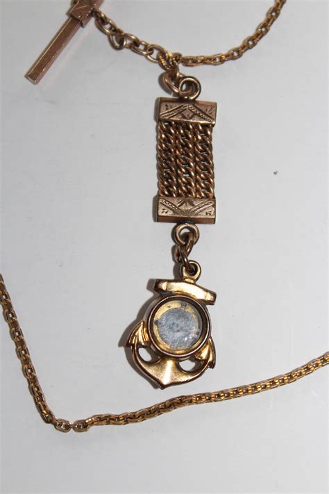 Antique Pocket Watch Chain W Compass And Black Stone Fob 14k Gold Plate