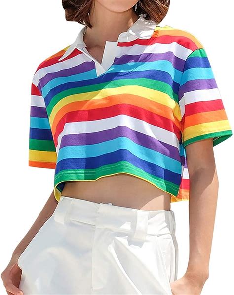 Rosatro Women T Shirt Summer Half Sleeve Multicolor Rainbow Striped