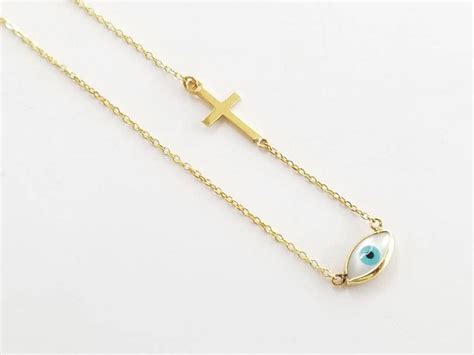 Evil Eye Necklace In Solid Gold K14 With Cross Gold Evil Eye And Cross
