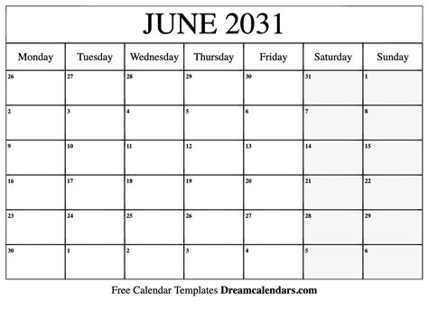 June 2031 Calendar Free Blank Printable Templates