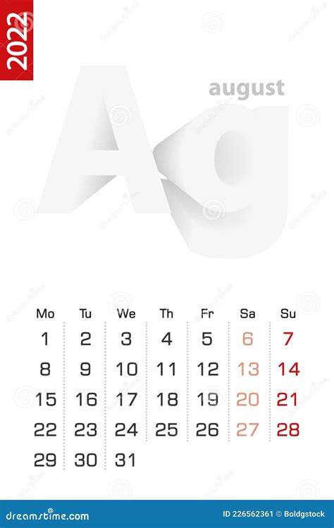 Minimalist Calendar Template For August 2022 Vector Calendar In