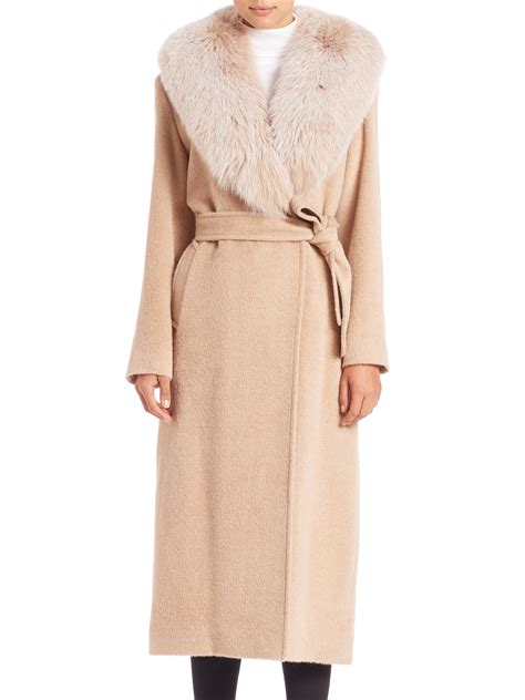 Sofia Cashmere Long Fur Trimmed Wrap Coat In Natural Lyst