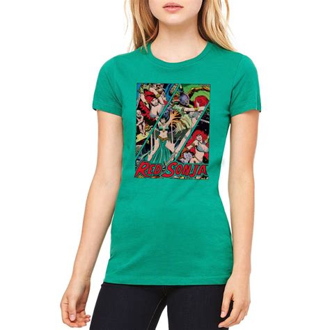 Red Sonja Battle Panels Junior Womens Kelly Green T Shirt New Sizes S 2xl