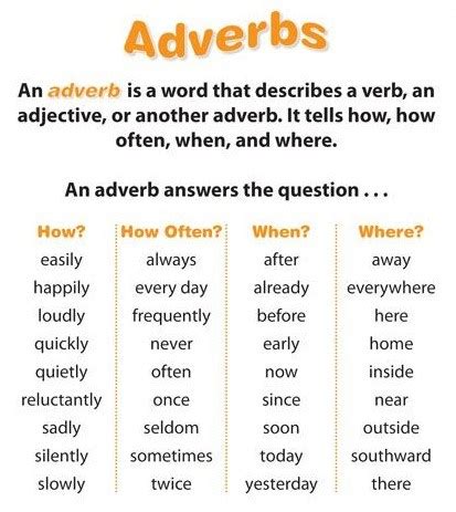 Different types of adverbs include adverbs of manner (slowly), time. What is an Adverb | List of Adverbs - Top 200 Common Adverbs