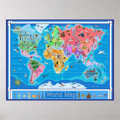 Large Kids Illustrated World Map 42 X 32 Poster Zazzle