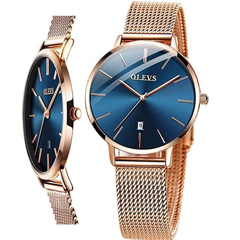 Olevs Womens Ultra Thin Stainless Steel Wrist Watch Blue Dial Quartz