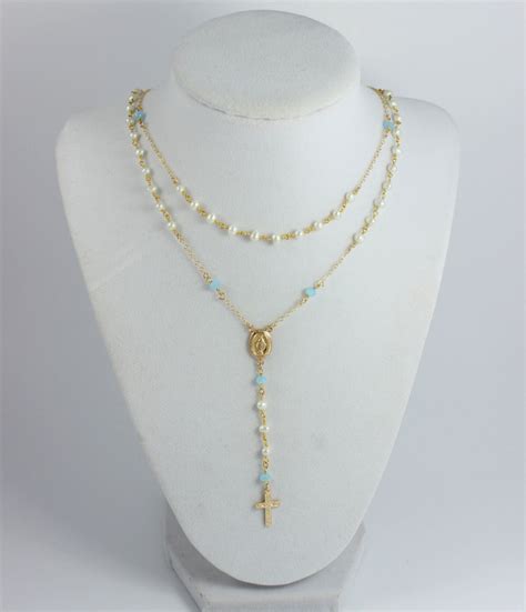 Necklace Rosary Women Kt Gold Filled Cross Necklaces Etsy