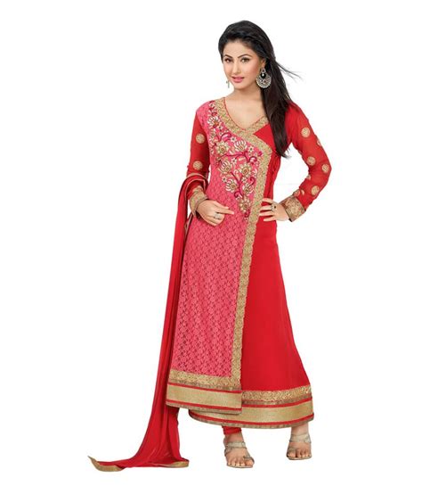 Cutie Pie Collection Red Faux Georgette Unstitched Dress Material Buy