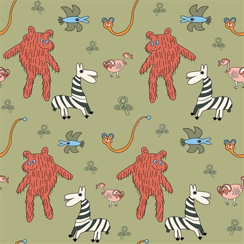 Kid Friendly Seamless Pattern With Animals Childish Style Drawing