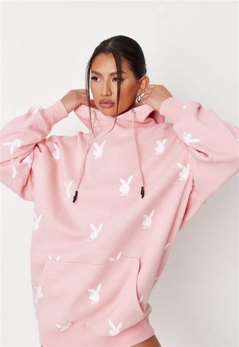 Playboy X Missguided Pink Extreme Oversized Repeat Print Hoodie Dress