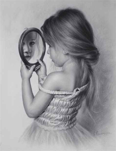 Portrait Drawing Of A Little Girl With A Mirror By Dry Brush Kara