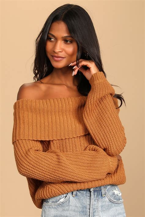 Cute Light Brown Sweater Off The Shoulder Sweater Sweater Lulus