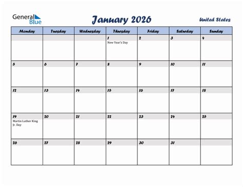 January 2026 Monthly Calendar Template With Holidays For United States