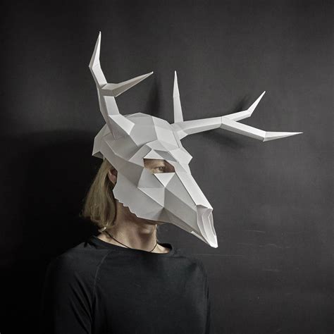 Deer Stag Skull 3d Papercraft Mask Template Low Poly Paper Etsy Uk