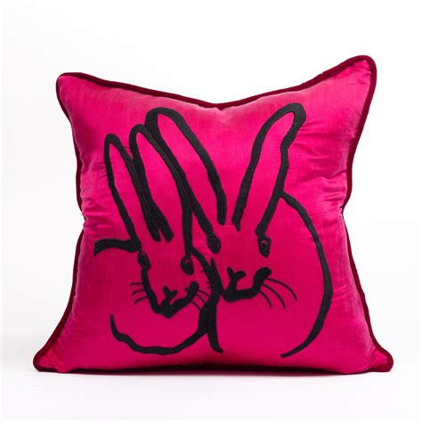 Hand Embroidered Silk And Velvet Bunny Pillow Pink 18 X 18 Hunt Slonem
