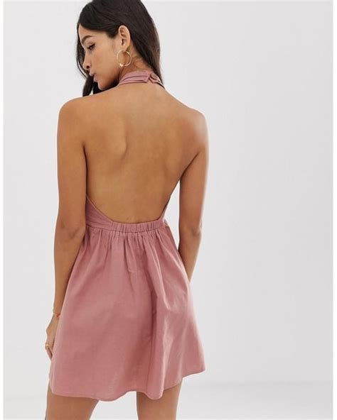 Asos Halter Neck Mini Button Through Linen Sundress With Buckle In Pink Lyst