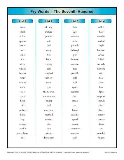 Fry Word List Seventh 100 Printable Sight Word Lists