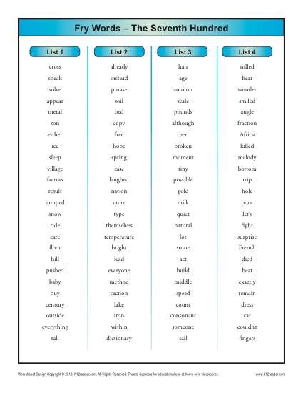 This worksheet is suitable for 6th grade. Fry Word List Seventh 100 | Printable Sight Word Lists