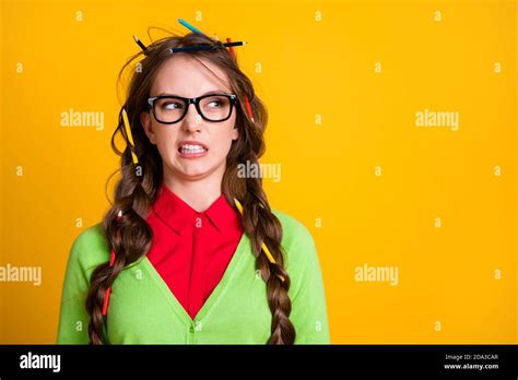 Photo Of Geek Teenager Girl Messy Hairstyle Look Copyspace Disgust