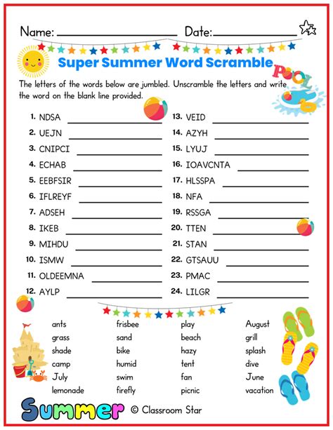 Summer Word Scramble Activity Classroom Star Worksheets