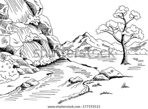 Waterfall Graphic Black White Landscape Sketch Stock Vector Royalty