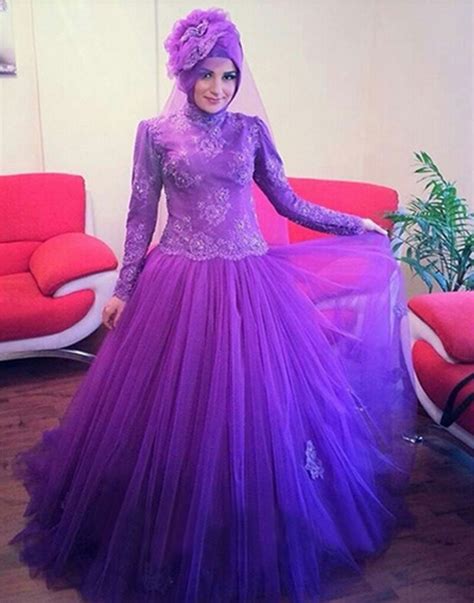 Purple Long Sleeve Princess Wedding Islamic Arabic Muslim Bridal