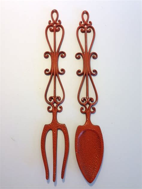 sale sexton fork and spoon set kitchen wall decor orange red etsy forks and spoons kitchen
