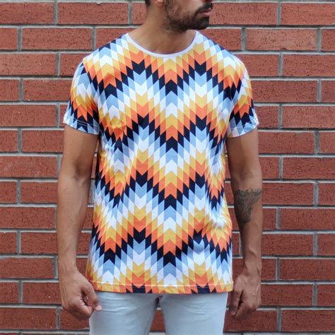 Mens Geometric Colored Round Neck T Shirt