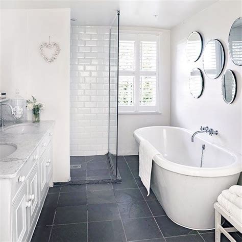 Pairing the shade with white trim adds nice warmth what colors combine with white tiles in a bathroom? Pin by Janet Parente on Bathroom | Grey bathroom floor ...