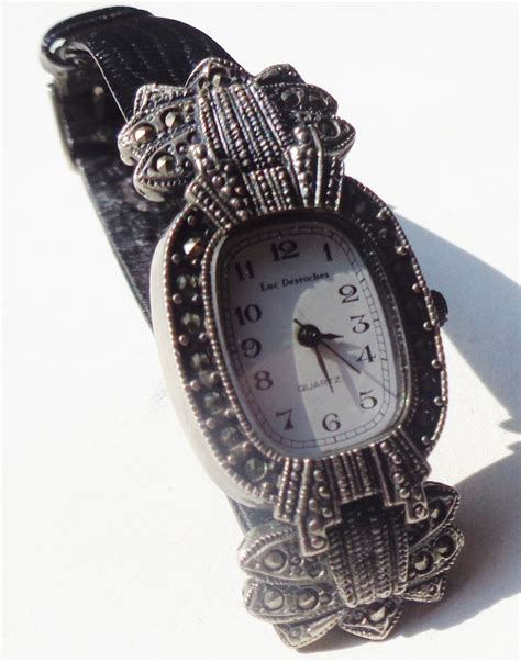 Vintage French Wristwatch From Luc Desroches Set With Marcasite Stones And Leather Strap