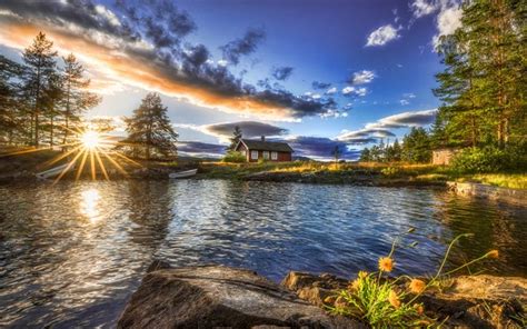 Download Wallpapers Ringerike 4k Sunset Lake Summer Norway