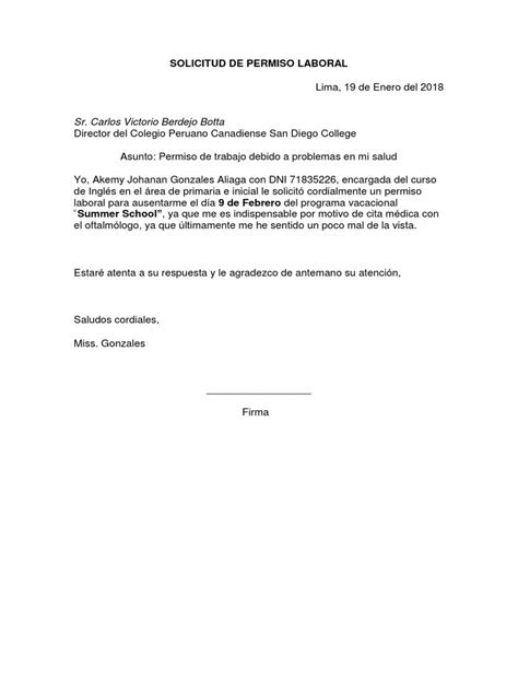 Ejemplo De Solicitud De Permiso Laboral