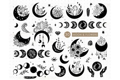 Moon Flowers And Crystals Mystical Svg Graphic By Myspacegarden