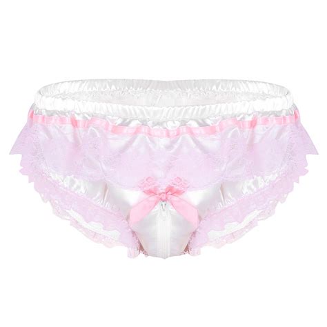 Buy Mens Sissy Lingerie Satin Frilly Floral Lace Zipper Crotch Bikini Briefs Panties Underwear
