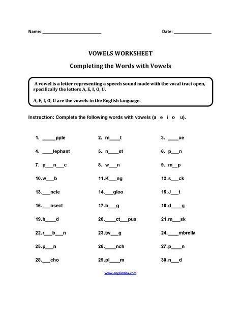 Words that sound the same but have different meanings and spellings, e.g. Vowels Worksheets | Completing Words Vowels Worksheets Part 2