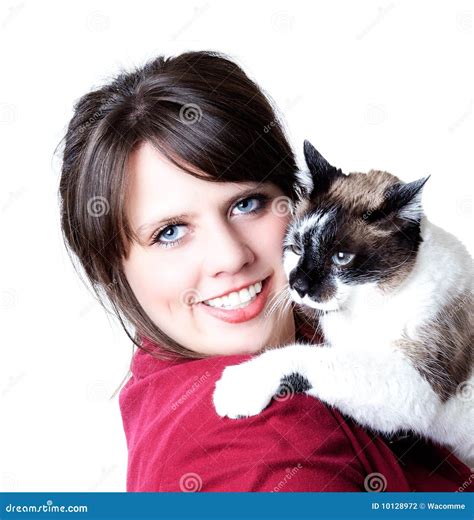 Woman Holding Cat In Her Arms Isolated Stock Photography Image 10128972
