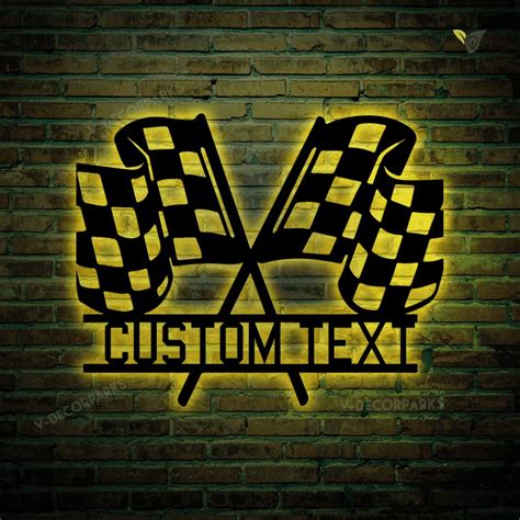 Custom Checkered Flag Racing Monogram Metal Wall Art With Led Lights