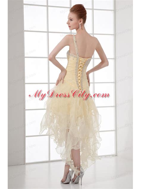 A Line One Shoulder High Low Ruchings Beading Organza Light Yellow Prom
