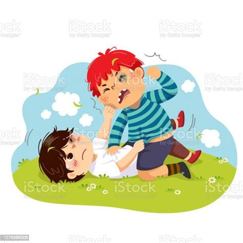 Vector Illustration Cartoon Of Two Boys Fighting On The Green Grass