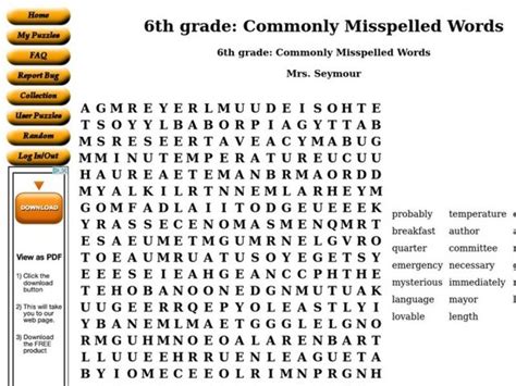 Commonly Misspelled Words Worksheet For 6th Grade Lesson Planet