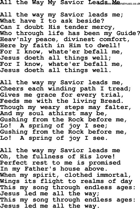Baptist Hymnal Christian Song All The Way My Savior Leads Me Lyrics